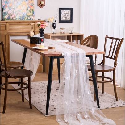 1pc White Pearl Butterfly Lace Sheer Table Runner, Vintage Farmhouse Style Decor For Home, Kitchen, Holiday Parties, Weddings, Birthdays, Suitable For All Seasons