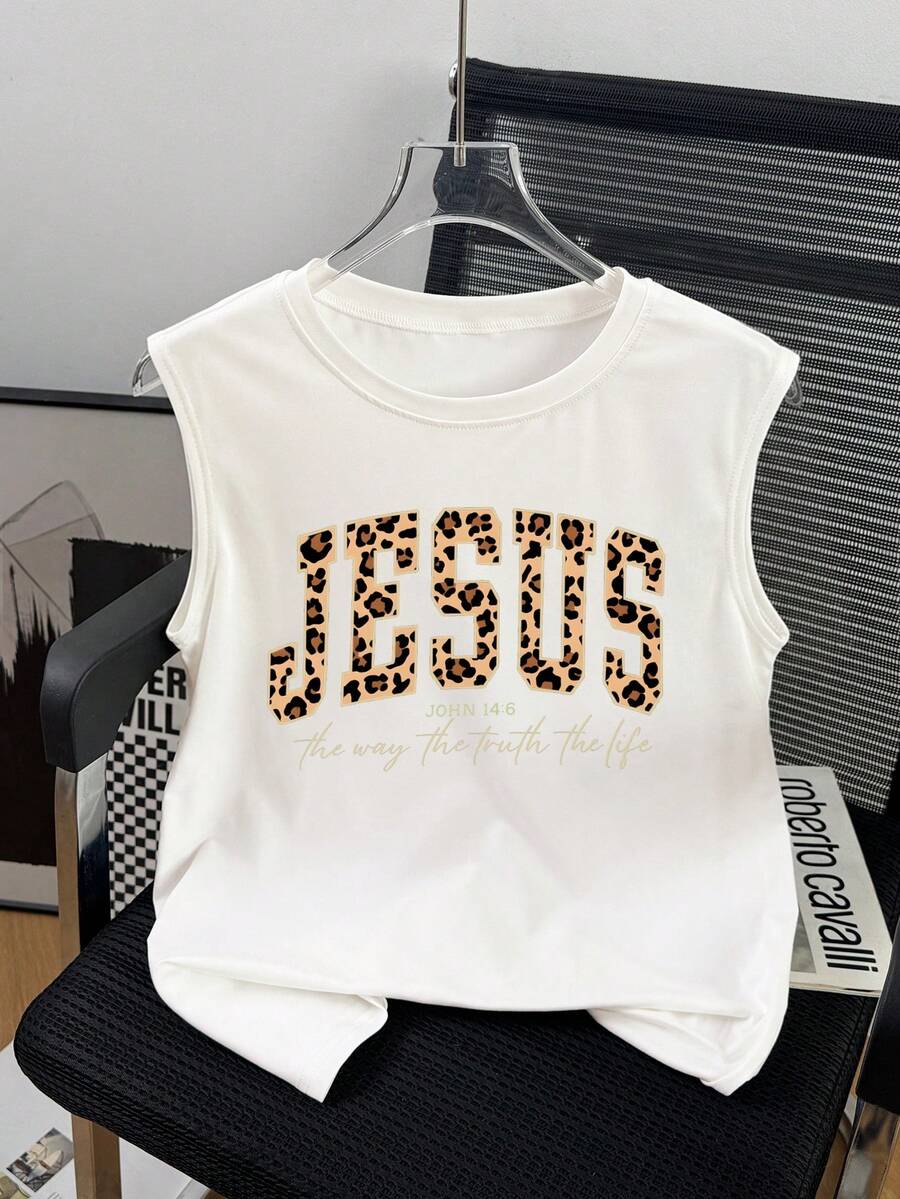 Plus Size Women Loose Casual Vacation Round Neck Daily Leopard "Jesus" Print Summer Casual T-Shirt, Independence Day White - White - View 1