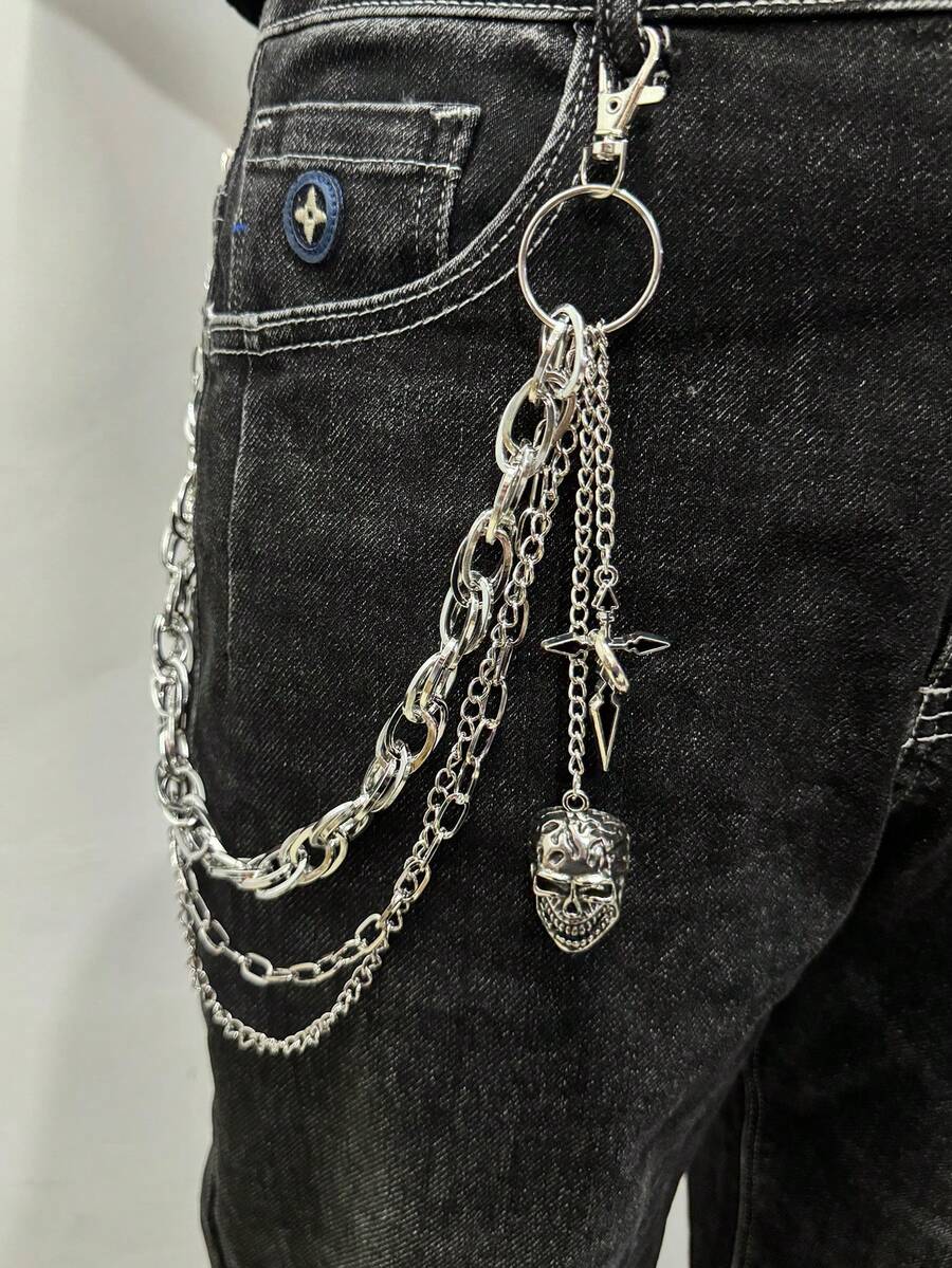 1pc Multi-Layer Chain Men's Pant Chain, Fashion Hip-Hop Unisex Pant Chain With Oil Drop Cross, Skull Pendant, Waist Decor, Suitable For Street Party Wear, Gift Accessory - Multicolor - View 1