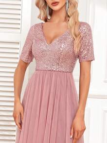 Vestido de noche rosa de línea A con cuello en V, manga corta y malla con lentejuelas, elegante vestido de gala formal, adecuado para invitados de boda, fiesta de cóctel, dama de honor, ceremonia de graduación - Rosa vieja - Ver 6