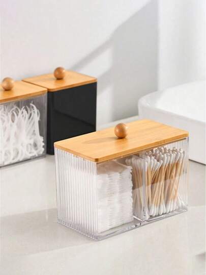 1个透明塑料浴室收纳盒，带竹盖，多功能，可收纳棉签、化妆棉、海绵等，适用于浴室、梳妆台、办公桌，带提手设计