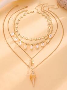 Set de 2/4/6 piezas de pendientes, collar y colgante con estrellas de mar y conchas de estilo oceánico a la moda, adecuado para uso diario y vacaciones de mujeres - Amarillo Oro - Ver 2