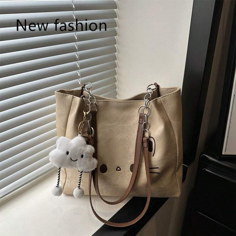 Túi tote vải bố màu be dễ thương với họa tiết mèo hoạt hình thêu, móc khóa hình đám mây nhồi bông và quai da màu nâu, thích hợp cho nữ sử dụng hàng ngày. - Màu be - Xem 1