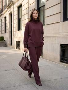 New Autumn/Winter Elegant Women's High-Neck Long-Sleeved Solid Color Fleece-Lined Warm Casual Pants With Double Pockets. Comfortable Fabric, Perfect For Wearing And Taking Photos, Showing Off Your Perfect Figure. - 玫紅色 - 查看 2