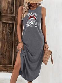 Graphic Print Sleeveless Tee Dress, Casual Tank Dress For Spring & Summer, Women's Clothing - 橘色 - 查看 6