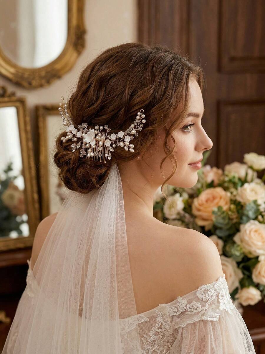 1pc Handmade Pearl Flower Bridal Hair Comb, Romantic Rhinestone Hair Clip, Wedding Ceremony Dress Accessory, Party & Photo Shoot Hair Ornament