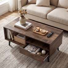 Coffee Table With Storage, Rustic Rectangle Center Table With Drawer & Open Shelves - màu nâu - Xem 3
