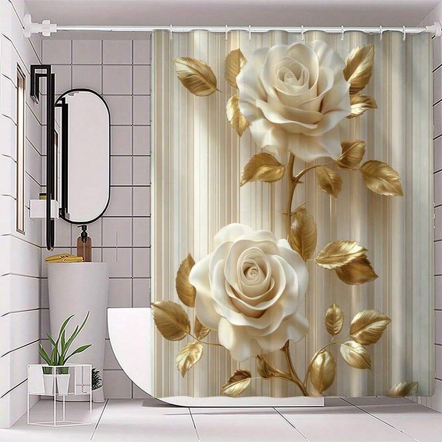 1pc Rose Digital Printed Polyester Shower Curtain, Hookless Bathroom Window Curtain