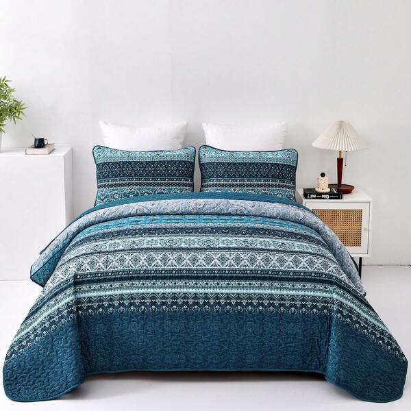 Wongsbedding 3 Pieces Blue Boho Quilted Bedspread Set Yellow Quilt Queen King Size, Bohemian Stripe Quilt Sets  Lightweight Microfiber Coverlet Bedding Set Suitable For Wedding Items, Valentines Day Home Bed Room Decor, Mothers Day Gift, All Season