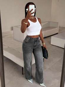 Women's Casual Loose Fit Pocket Jeans - Grey - View 6