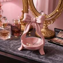 Bow-Tie Jewelry Tray, Cute Ribbon Ring Holder & Earring Storage Box, Small Necklace & Bracelet Bowl, Vanity Bedroom Decor, Aesthetic Gift For Girls/Women, Pink/White - Multicolor - View 6
