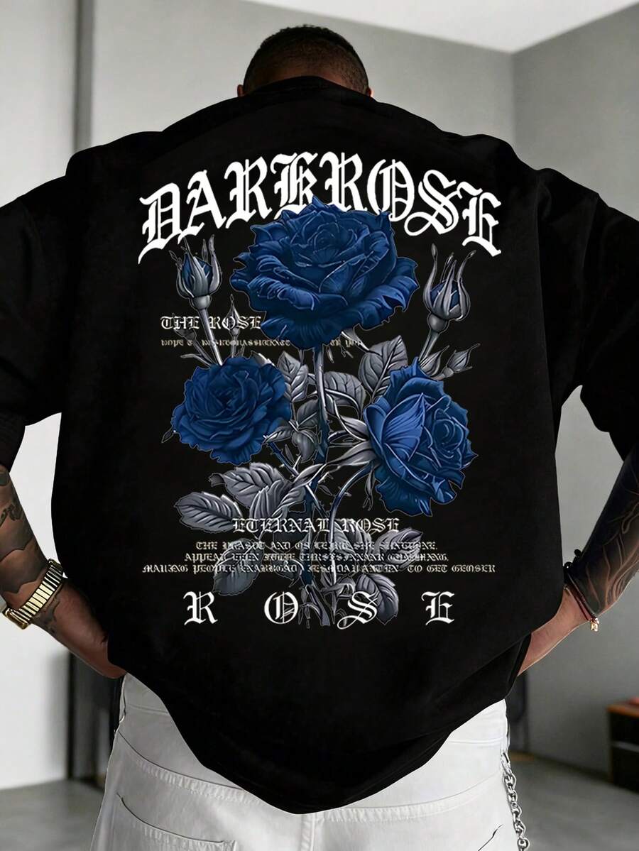 Zrgoth 男士休闲百搭玫瑰花印花短袖T恤 - 黑色 - 查看 1