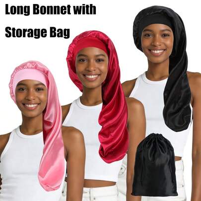 4pcs Wide-Brimmed Sleeping Cap Long Satin Night Bonnet For Braids With Storage Satin Bag, Long Hairs Bonnet, Soft Satin Hair Care Hats For Everyday Use By Women Travel Set Extended Hair Hat Black Pink Purple