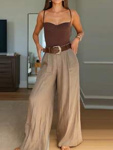 Seelio Summer New Arrival Women's Fashion Loose Fit Satin Feel Wide Leg Pants With Belt, European And American Style Spring - Khaki - View 3