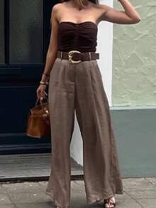 Seelio Summer New Arrival Women's Fashion Loose Fit Satin Feel Wide Leg Pants With Belt, European And American Style Spring - Khaki - View 5