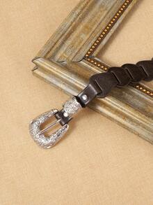 1pc Unisex Embossed Leather Woven Splice Skinny Belt, Casual Slim Waist Belt With Floral Silver Western Buckle, Fashionable Retro Cowgirl Denim Style Country Leather Belt - Dark Brown - View 4