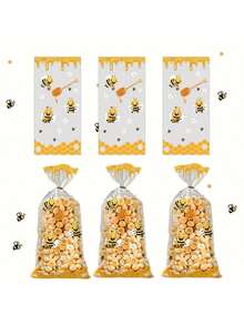 50pcs Bee Themed Gift Bags With Honeycomb And Floral Plastic Party Favor Bags, Suitable For Birthday, Wedding, Baby Shower, Cute Bee Illustrations With Honeycomb Pattern And Bee Phrases Decoration - View 5