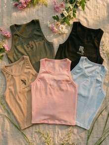Cropped Ribbed Tank Top With Gemini Zodiac Sign Embroidery - Baby Pink - View 2