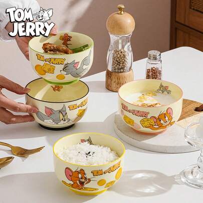 TOM AND JERRY. 奶酪碗套装 - 为您的用餐体验增添经典卡通乐趣 | 陶瓷碗饰有可爱的卡通图案，适合早餐和晚餐 - 经久耐用且可放入洗碗机清洗，让您在厨房里用可爱的卡通碗开启美好的一天！