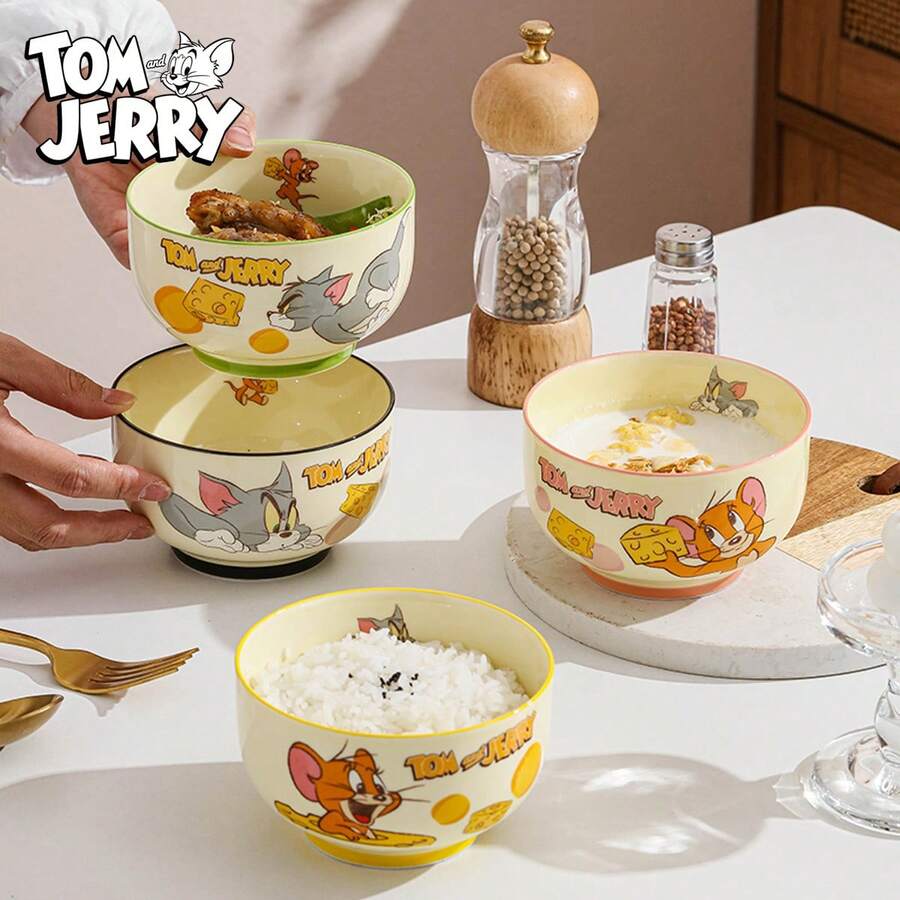TOM AND JERRY. Cheese Bowl Set - Bring Classic Cartoon Fun To Your Dining Experience | Ceramic Bowls With Adorable Cartoon Patterns, Suitable For Breakfast And Dinner - Durable And Dishwasher , Start Your Day With A Lovely Cartoon Bowl Atmosphere In The Kitchen!