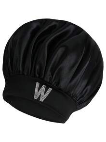 1pc Personalized 26 Hot Drill Alphabet Print Satin Wide Brim Elastic Sleep Cap, Suitable For Curly And Straight Hair Sleep Bonnet - A - View 20