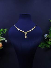 3pcs 18K Gold-Plated Luxury Royal Style Geometric Tassel Design Bridal Wedding Jewelry Set, Handset White Cubic Zirconia, Suitable For Daily Wear And Wedding, Wedding Anniversary Gift - Gold - View 4
