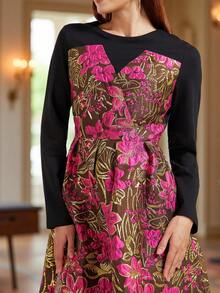 DEVCHATA Vestido largo de manga larga con cuello redondo, estampado floral jacquard y falda amplia, diseño de patchwork adecuado para fiesta, vacaciones, cita (patrón floral aleatorio) - Multicolor - Ver 4