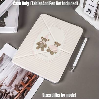 Y-Fold Clear Acrylic Tablet Case With Pencil Holder - Lace Frame Twin Bears Design Soft Retro Design: Light Pink Striped Background With A Lace-Edged Oval Frame, Featuring Two Brown Bears In Pink Pajamas, Labeled "Cute.Bear", Creating A Gentle, Nostalgic Fairy-Tale Vibe. Product Features Y-Fold Stand For Multi-Angle Support