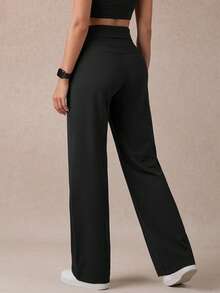 1 pieza Pantalones rectos casuales de cintura alta de color negro sólido y simple para mujer, con bolsillo oculto multifuncional en la parte trasera de la cintura, cómodos y elásticos, adecuados para danza, yoga, pilates, ocio al aire libre, primavera/otoño/verano - Negro - Ver 7