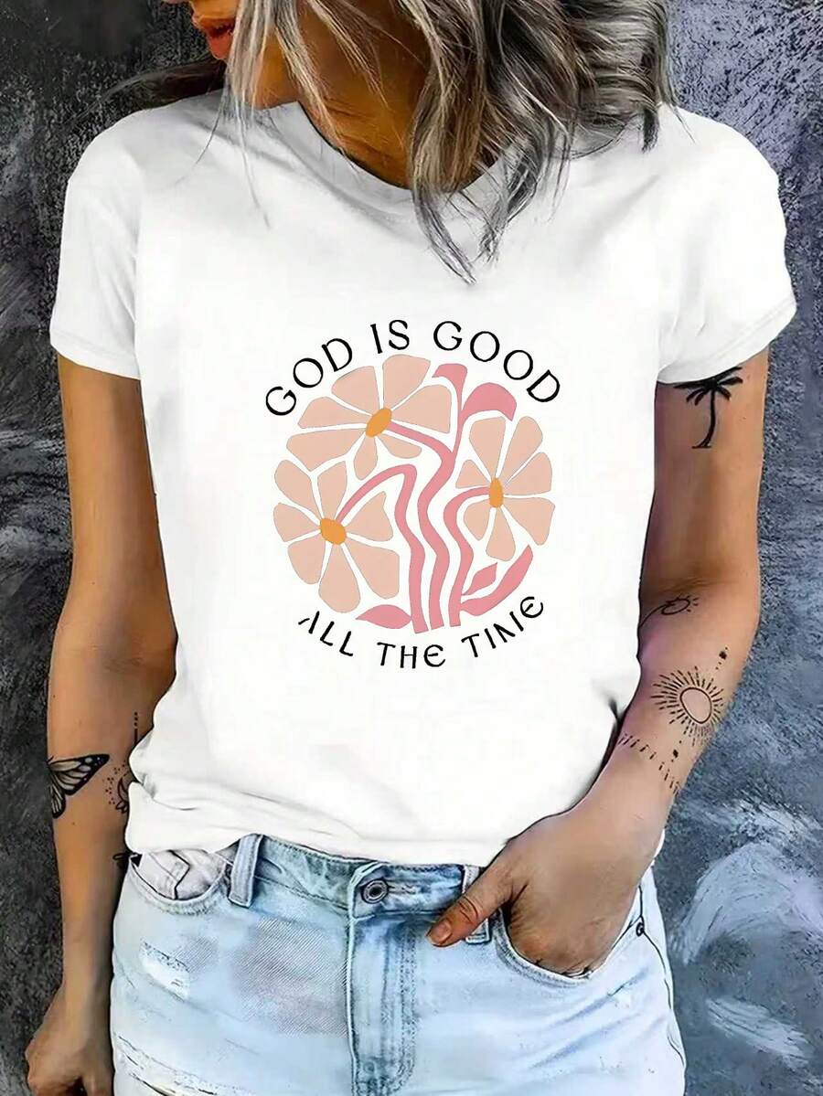 Women's Printed Casual Slim-Fit Cotton Short-Sleeved T-Shirt. The Shirt Features A Delicate Pink Floral Print, Is Soft And Comfortable, And Is A Versatile Top Suitable For Everyday Wear. - White - View 1