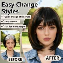 12-Inch Short Wavy Bob Wig With Bangs - Layered Golden Blonde Bob Wig With Bangs, Short Hair, Natural Ombre Golden Straight Hair, Heat Resistant Synthetic Wig Suitable For Caucasian Women - Multicolor - View 10