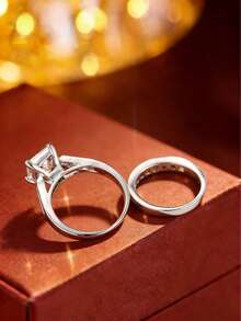 2pcs Luxury Princess Cut Main Stone Ring Set, Micro-Inlaid Zirconia Niche Design Engagement Rings - Ring Set - View 3