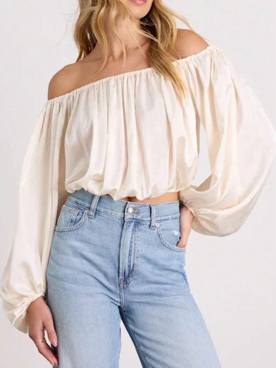 Elegante top corto de manga larga con hombros abiertos, con dobladillo con volantes y diseño ajustado, adecuado para mujeres en primavera - Albaricoque - Ver 1