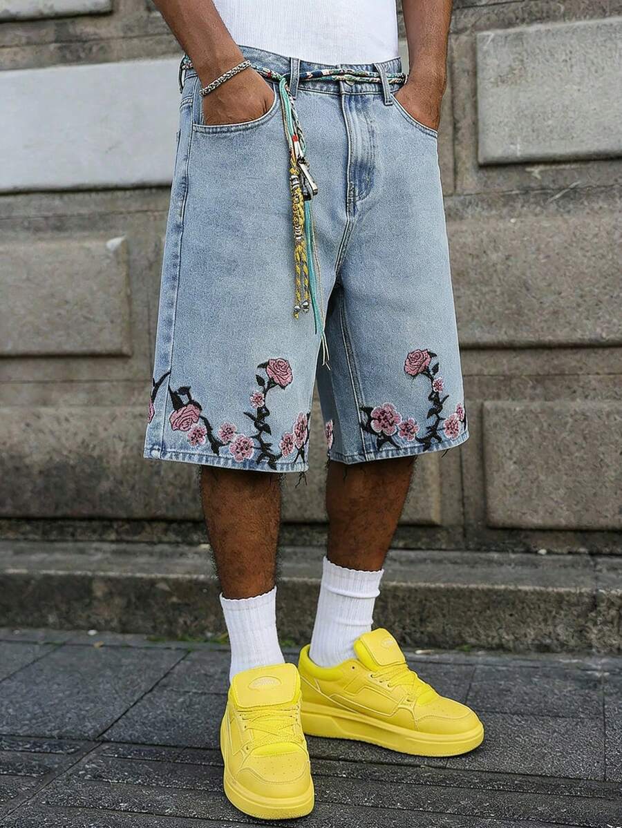 Men's Embroidered Streetwear Denim Shorts - Light Wash - View 1