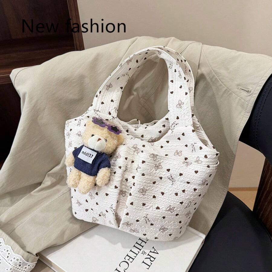 Túi tote màu trắng dễ thương in hình trái tim và nơ, kèm móc khóa hình gấu bông, túi xách đeo vai Kawaii dành cho nữ, phù hợp sử dụng hàng ngày và đi học. - Màu be - Xem 1
