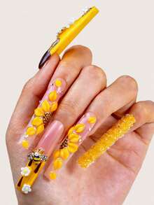 10Pcs Premium Handmade Extra Long Square Press On Nails, 3D Bee, Honey Drip Decor, Honeycomb Accents, Pink Yellow Gradient Base, Glitter Details, Sweet Summer Style, High Gloss Finish, Salon Grade Reusable, Daily, Gatherings, Gift Summer - Màu vàng - Xem 2