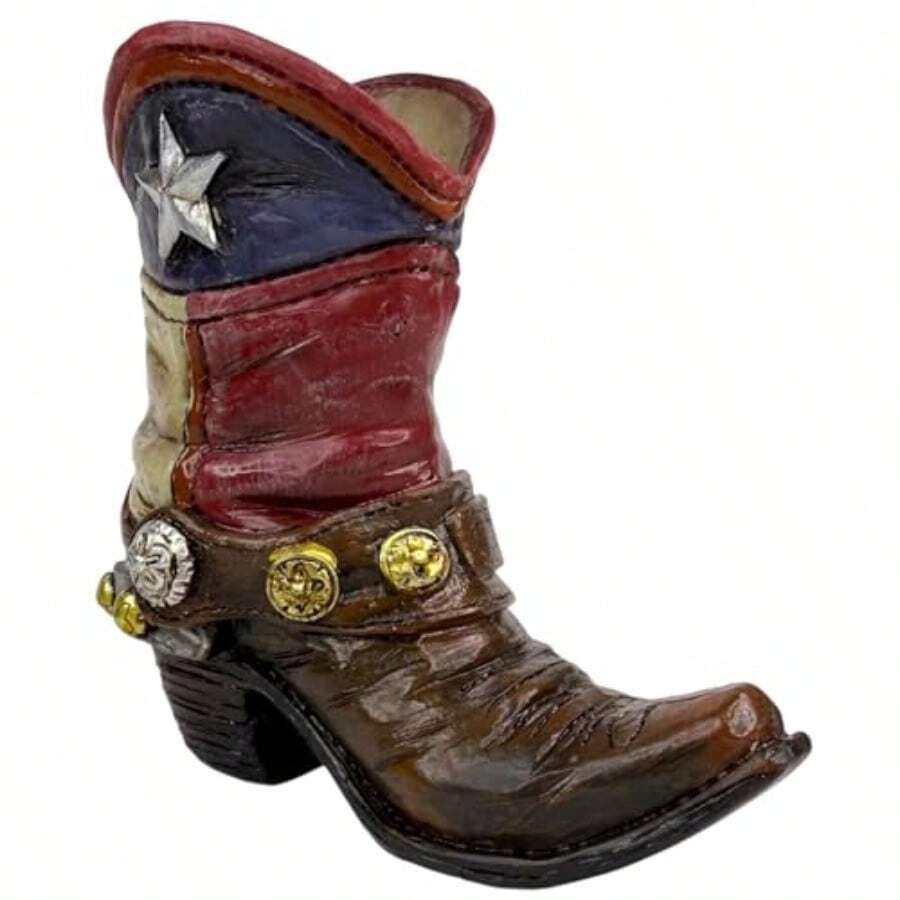 Texas Lone Star Flag Cowboy Boot Pen and Pencil Holder Mini jarrón decorativo de resina para decoración de computadora occidental - Multicolor - Ver 1