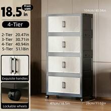 2/3/4/5-Tier Foldable Double Door Storage Cabinet With Wheels - Collapsible Stackable Plastic Storage Organizer For Bedroom, Kitchen, Office And Living Room, Portable Rolling Cabinet With Sturdy Construction, Space-Saving Black And White Design For Clothes, Books, Toys And Sundries - Xem 13