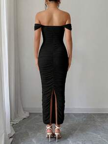 PRETTYGARDEN Women's Summer Dresses Off The Shoulder Dress Ruched Bodycon Sleeveless  Evening Elegant Dresses Wedding Guest Graduation  Cocktail Club Party Black Maxi Dresses - 黑色 - 查看 2