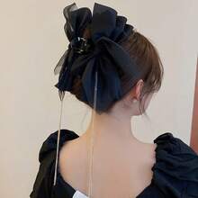 1pc Rhinestone Pearl Mesh Bow Tassel Hair Clip (Claw Clip) - Black - View 3