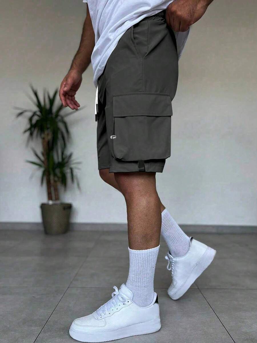 Men's Cool Multi-Pocket Design With Drawstring Details Straight-Leg Cargo Shorts, Flattering Leg - Dark Grey - View 1