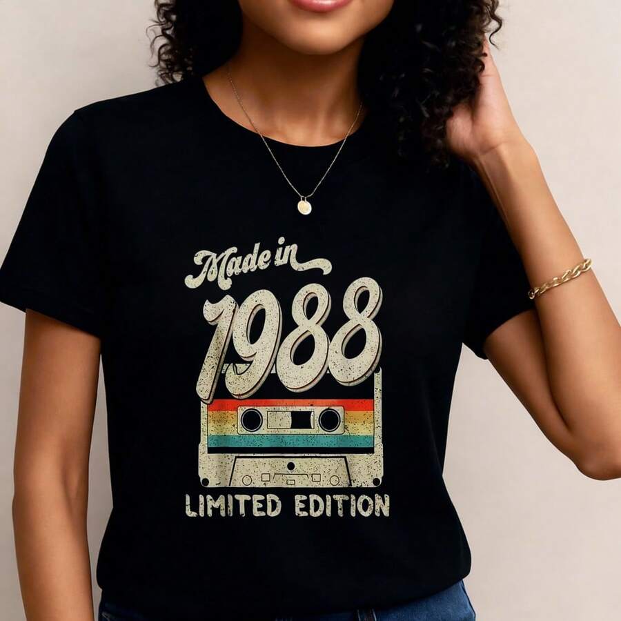 Camiseta gráfica vintage de mujer 1988 - Diseño de cinta retro, suave y casual para todos los días, ideal para ropa de nostalgia de los 80 y amantes de la música, moda estacional, tipografía audaz, ajuste cómodo, camiseta de declaración, entusiastas de la moda, ropa de verano, diseño minimalista, material transpirable, camiseta impresa, amantes de la moda- 1pcs, 180Gsm, 100% Cotton - Negro - Ver 1