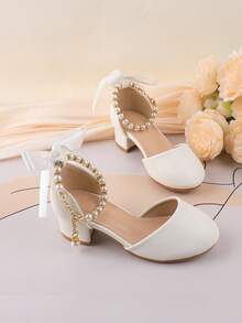 Flower Girl Shoes For Wedding, Party, Holiday, Suitable For Toddler, Little And Big Girls, Classic Comfortable Versatile White Pearl Bow Tie Flat Dress Shoes, Formal Occasion, Performance, Ballet, Princess Pumps - White - View 3