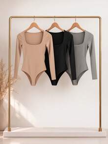 Kit 1, 3 Bodysuits, Women's Shaping Bodysuit, Second Skin Style, Square Neckline, Long Sleeves, Basic, High Fashion, Versatile, Elegant, Blogger Style - 米色-黑色-灰色 - 查看 1