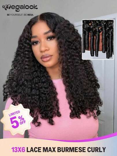 MEGALOOK 13x6 Three-Part Lace Front Wig, Transparent Hairline, Adjustable Drawstring, Natural Black Curly Hair, 18-24 Inches, 100% Virgin Human Hair, Comfortable All-Day Wear, Minimal Shedding, Suitable For Daily Office Use