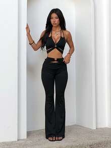 Bộ áo hở lưng khoét chữ O gợi cảm và quần ống loe cho nữ, trang phục mùa hè - màu đen - Xem 1