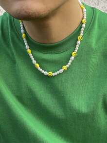 1件欧美简约百搭单层不对称珍珠项链，柔软陶瓷黄色笑脸拼接巴洛克珍珠项链，男士款 - 白色 - 查看 3