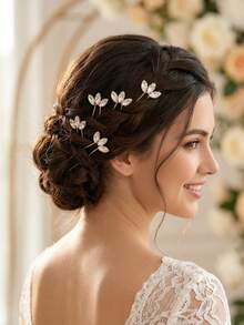 5pcs Women's Handmade White Glass Rhinestone Leaf Hair Fork Headpiece Bride Wedding Party,Summer,Beach - Gold - View 2