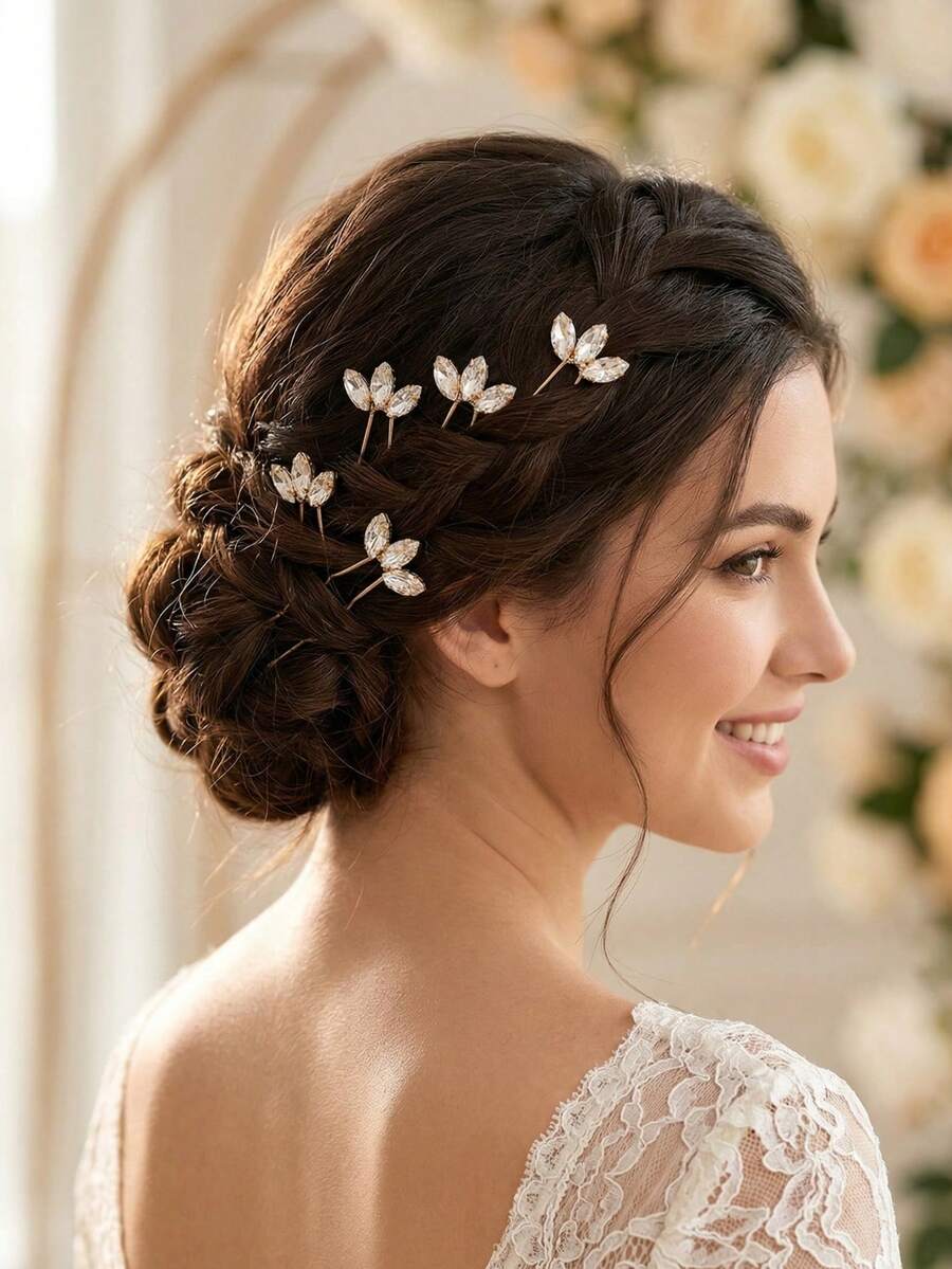 5pcs Women's Handmade White Glass Rhinestone Leaf Hair Fork Headpiece Bride Wedding Party,Summer,Beach