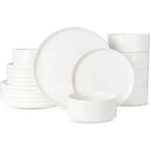 Dinnerware Set 18-Piece, Porcelain Service 6, Plate Set With Modern Raised, Microwave & Dishwasher , White CDPY - Màu trắng với viền đen - Xem 8